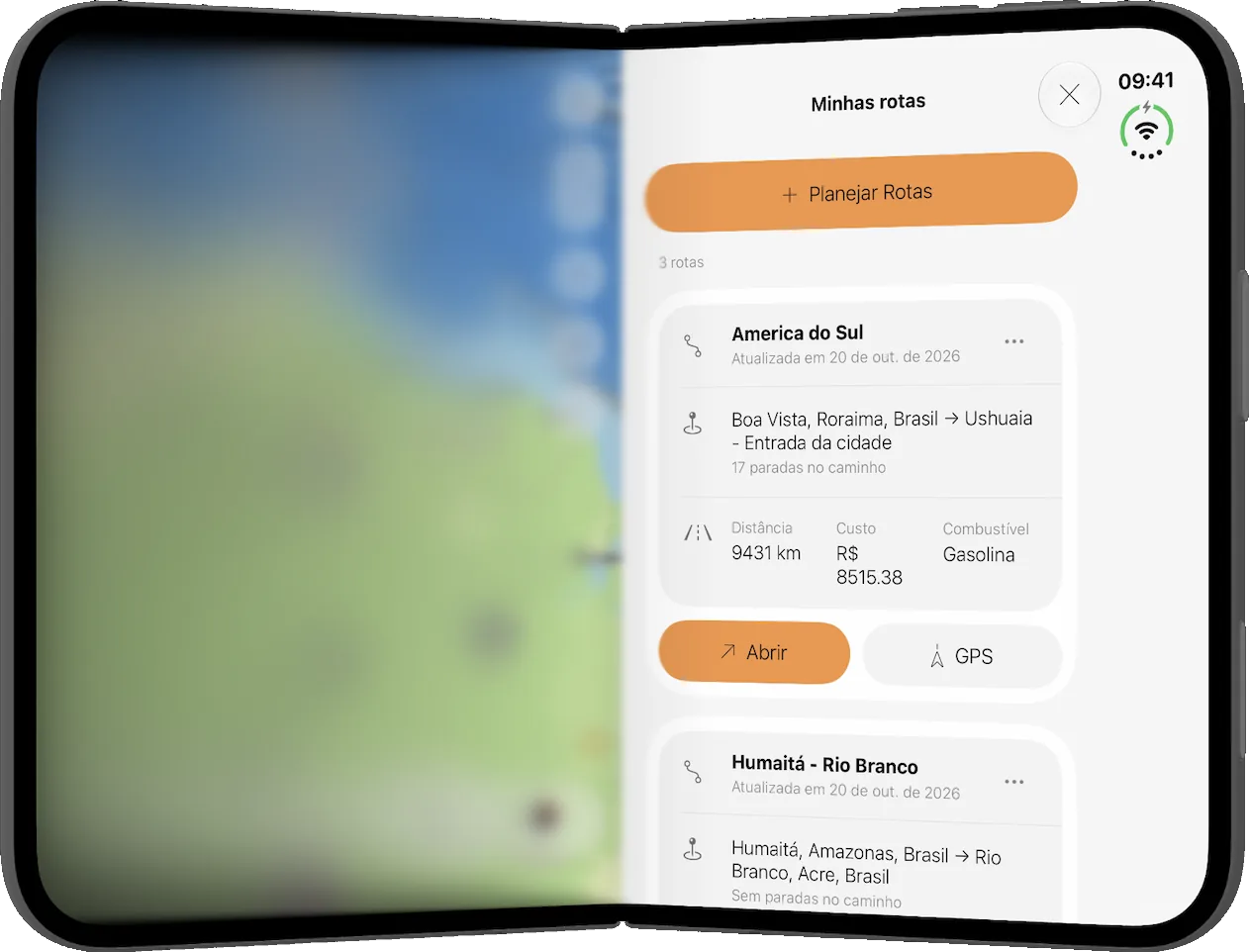 Lista de rotas salvas no app aberto