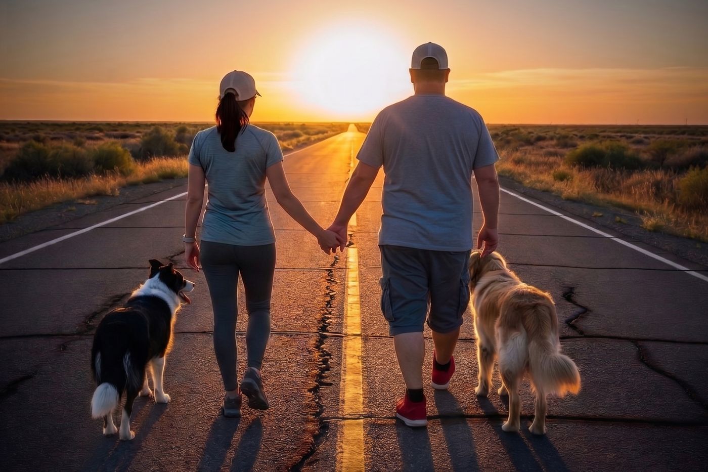 Junior Max e Sinara caminhando com os dois cachorros numa estrada ao pôr do sol