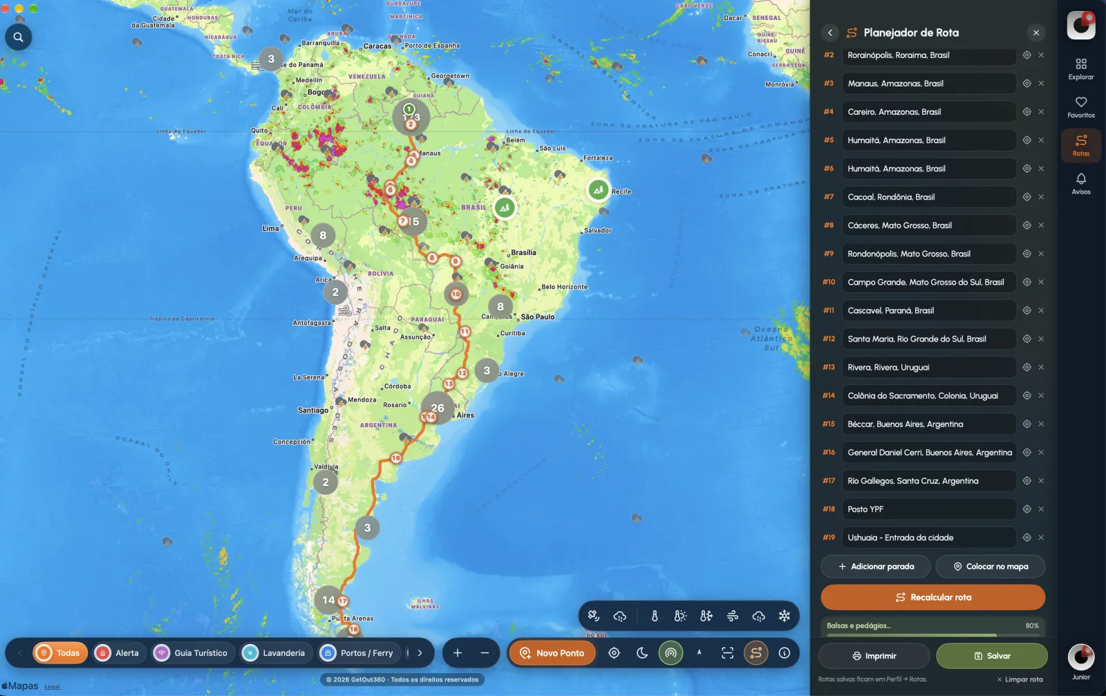 Planejador de Rota do GetOut360 para macOS com a viagem de Boa Vista até Ushuaia