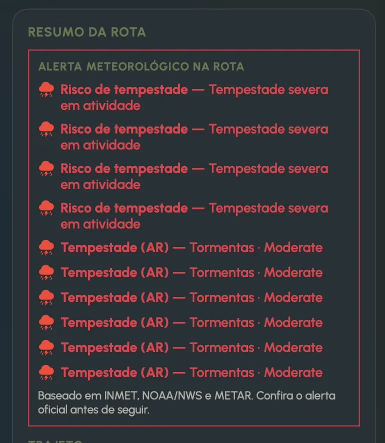 Resumo da rota com alertas de tempestade no trajeto